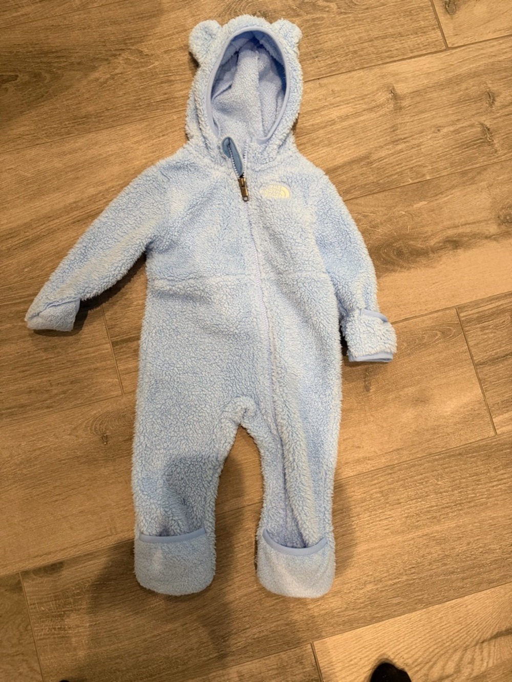The North Face Light Blue Teddy Fleece One-Piece with Hood